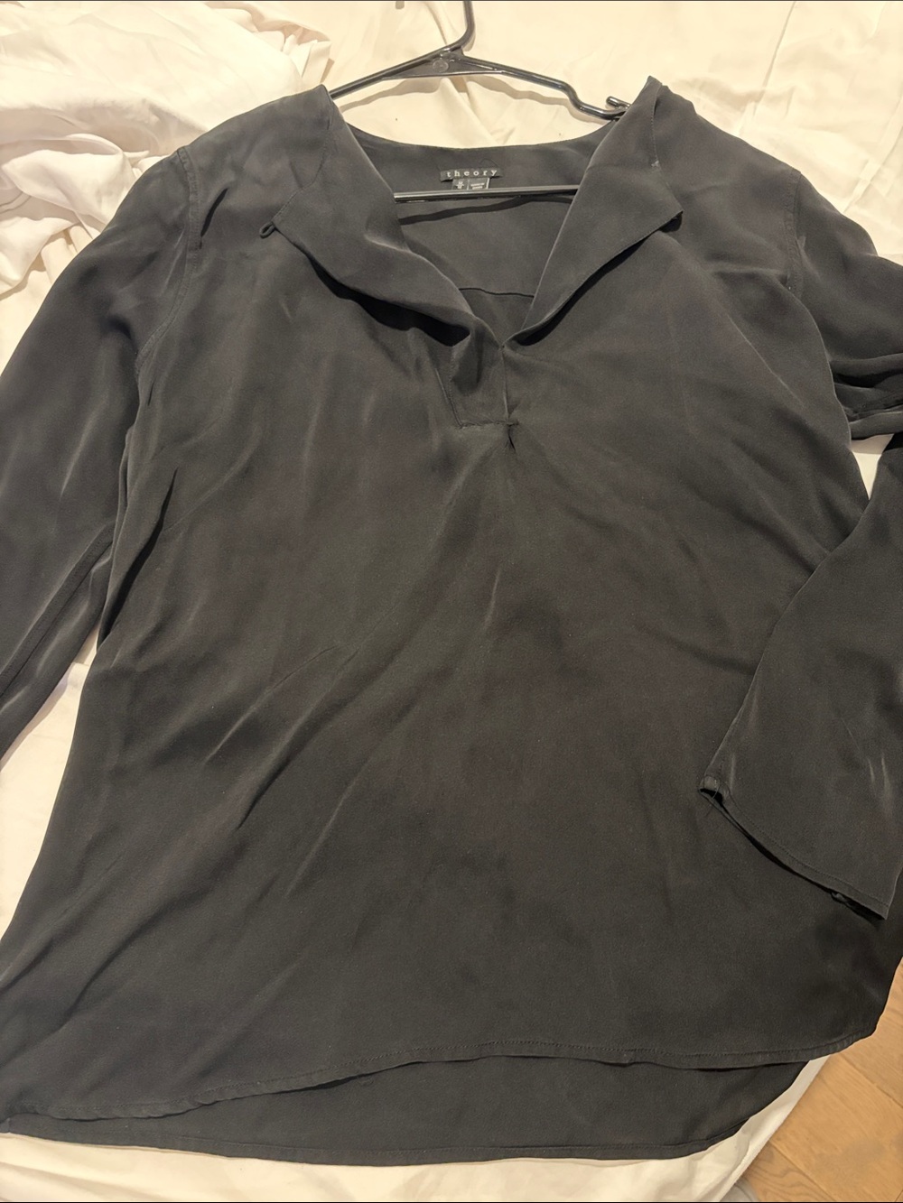 Theory Black Silk V-Neck Long Sleeve Blouse with Collar Detail